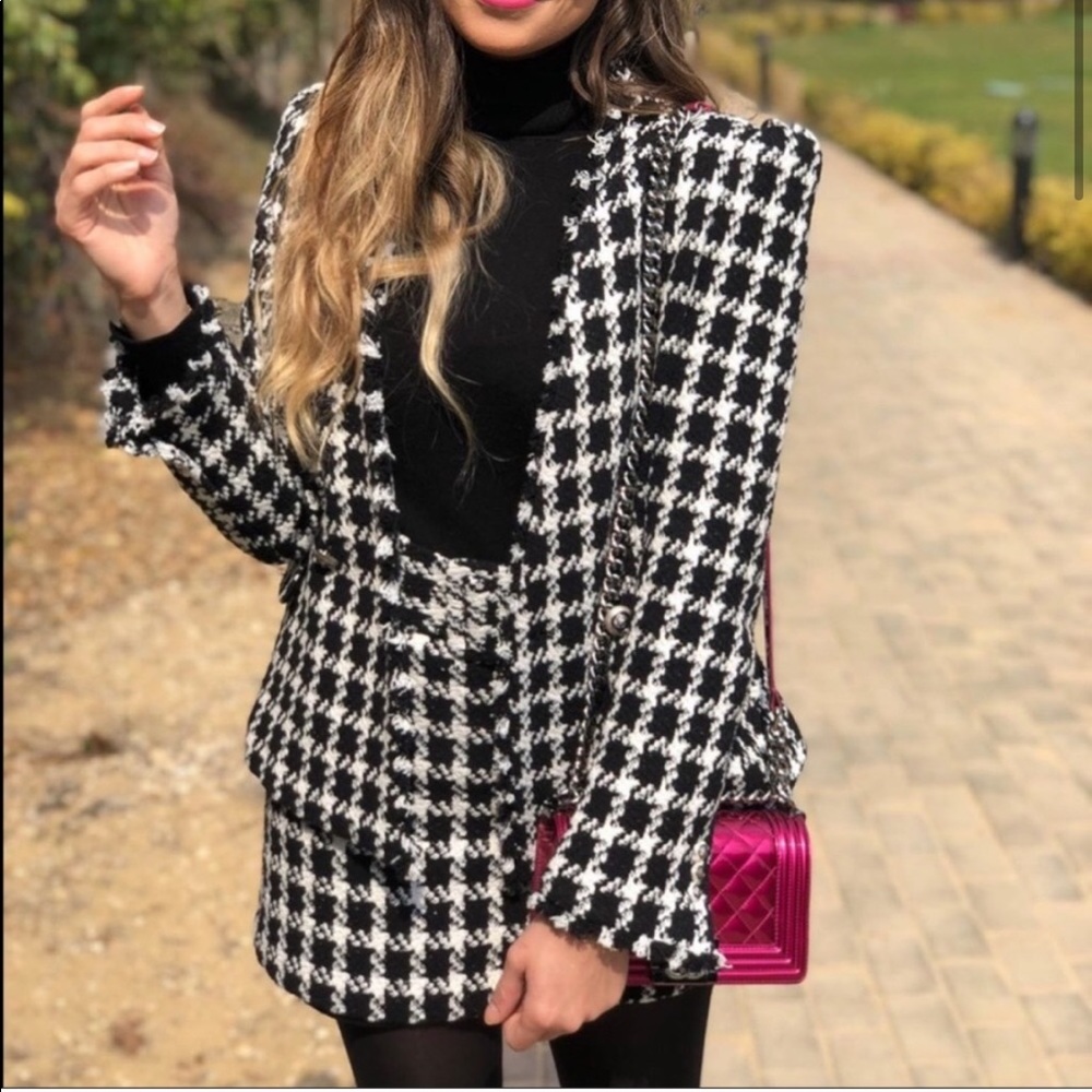 Zara TEXTURED TWEETED Houndstooth Blazer w/POCKETS